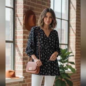 Anthropologie Maeve Winona Babydoll Tunic Top Black/wht Leaf Print, Womens Large